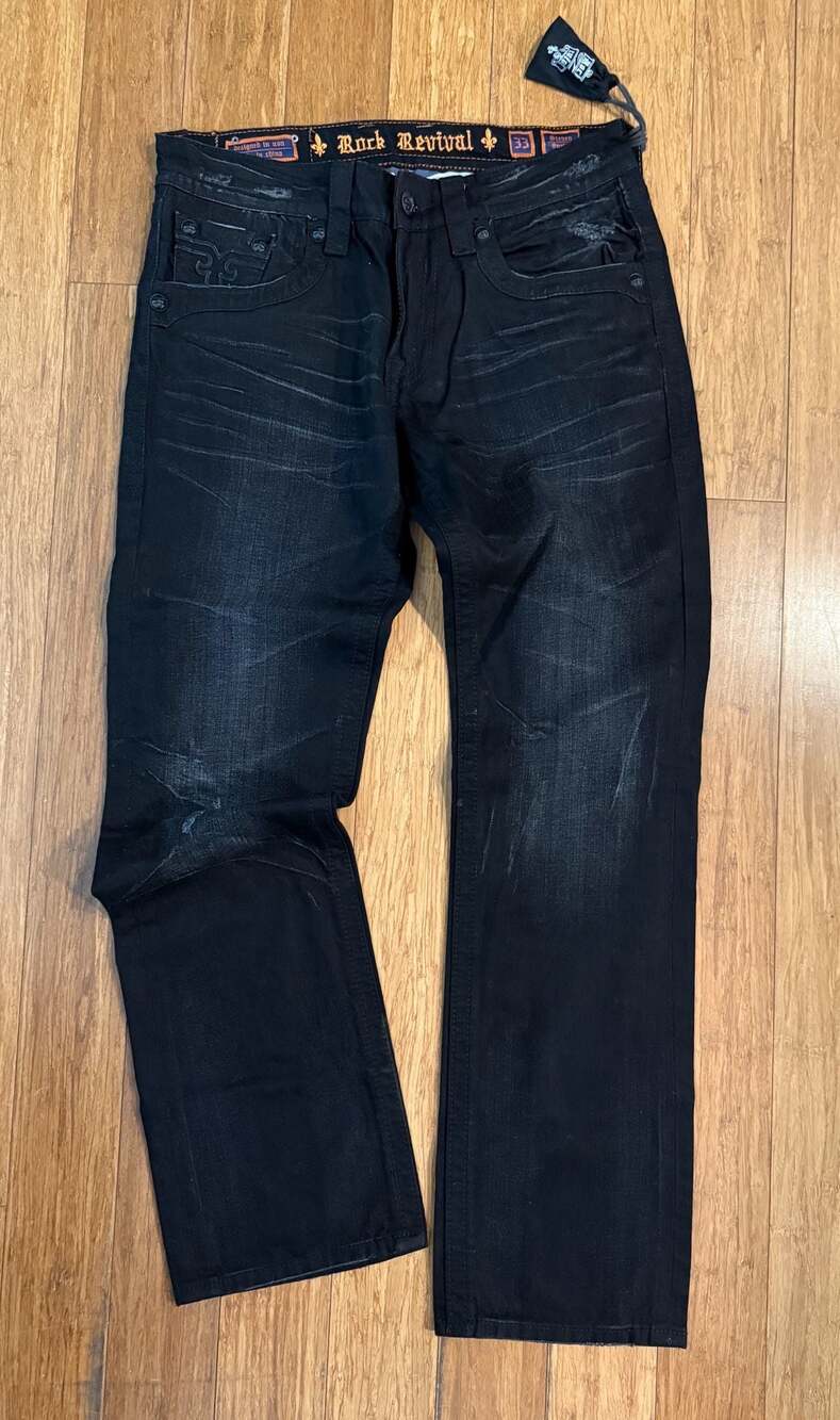 Rock Revival Steven Straight Leg Black Distressed Jeans Size 33